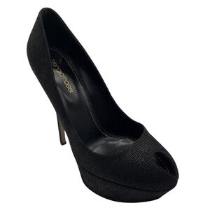 SERGIO ROSSI BLACK EMBOSSED LEATHER PEEP TOE PLATFORM PUMPS